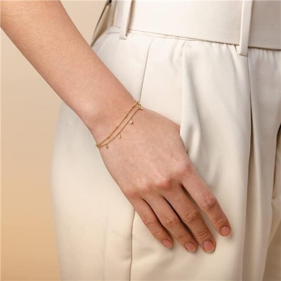 14K Gold Plated Double Chain Adjustable Bracelet for Women Cute Gift - Picture 3 of 5